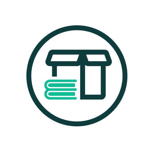Box with books, teal and dark teal colors within a dark teal circle.