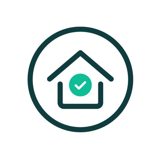 Green house icon with checkmark, inside a circle.