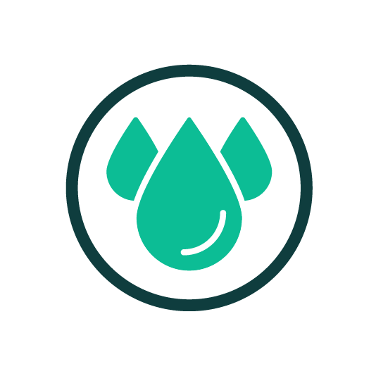 Three teal water droplets inside a dark teal circle, signifying hydration.