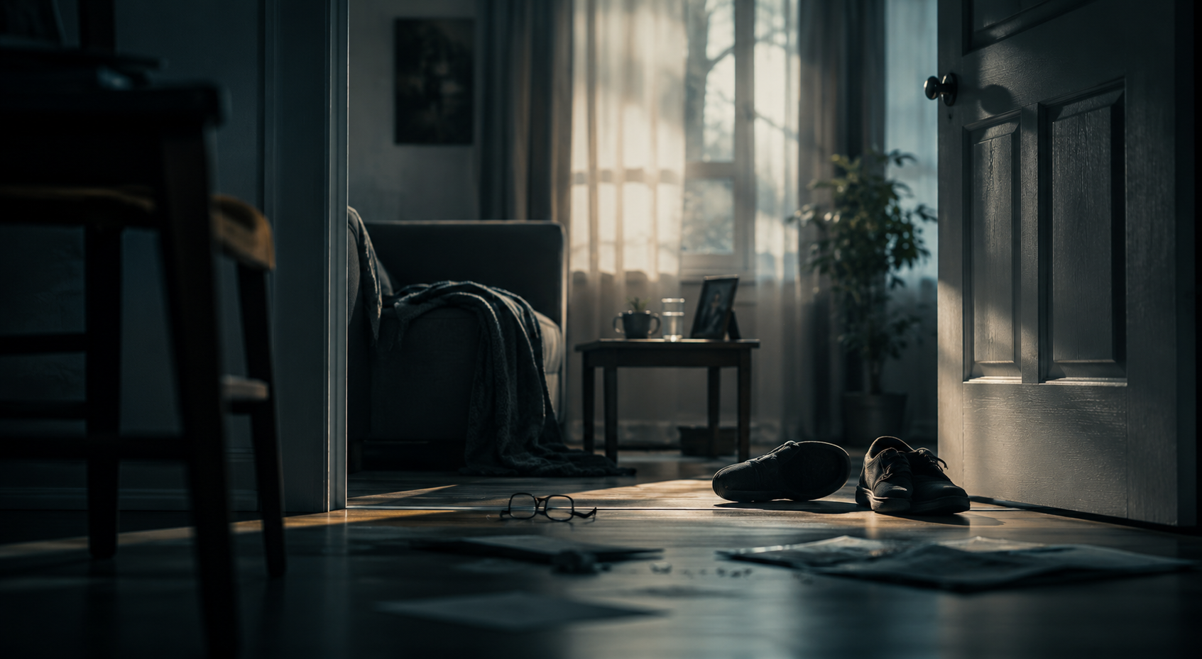 Dimly lit room with a chair, potted plant, shoes on the floor, and sunlight through a curtained window.