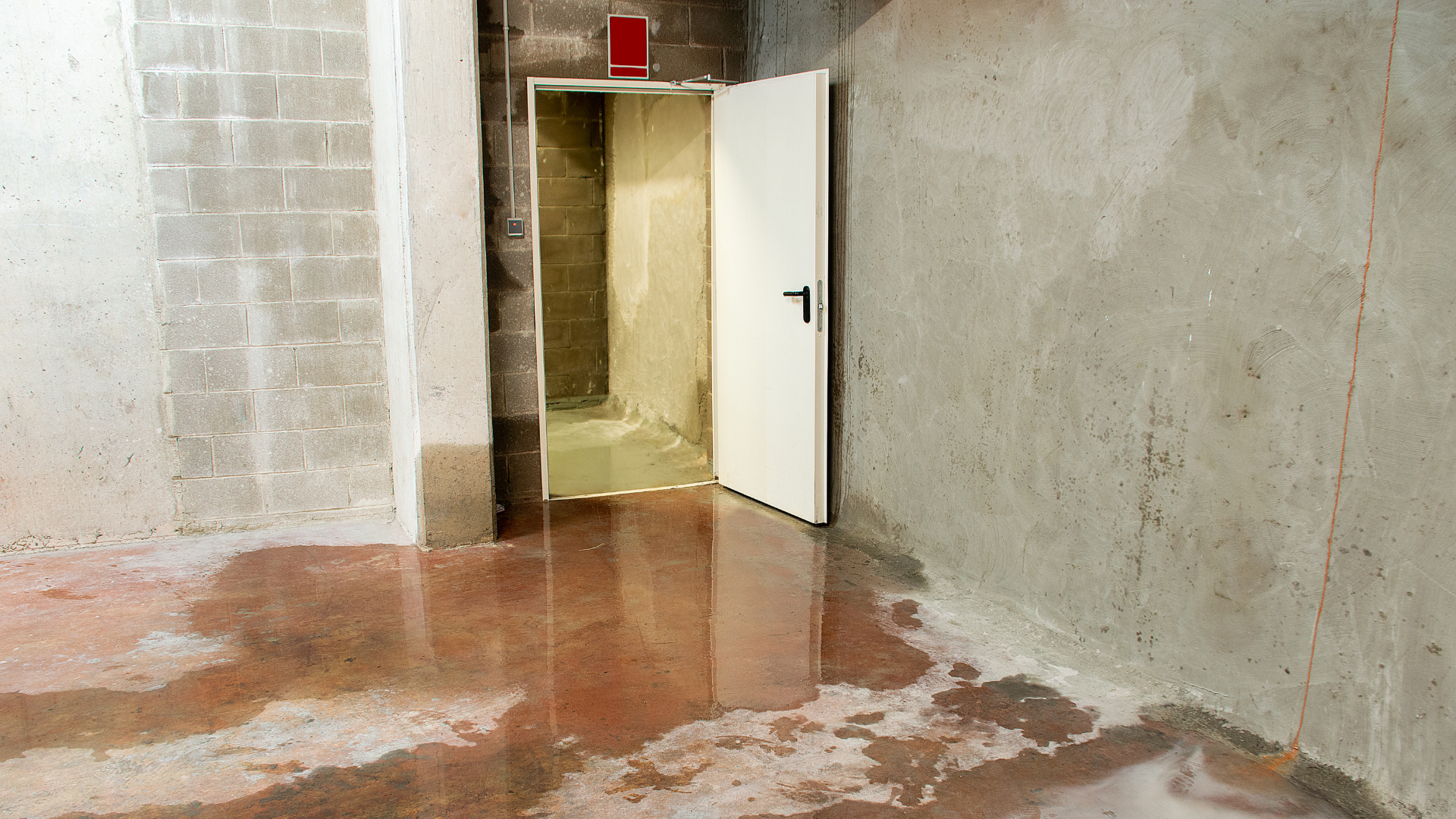 Water pooled on the floor of a concrete-walled room, with an open white door leading to another area.