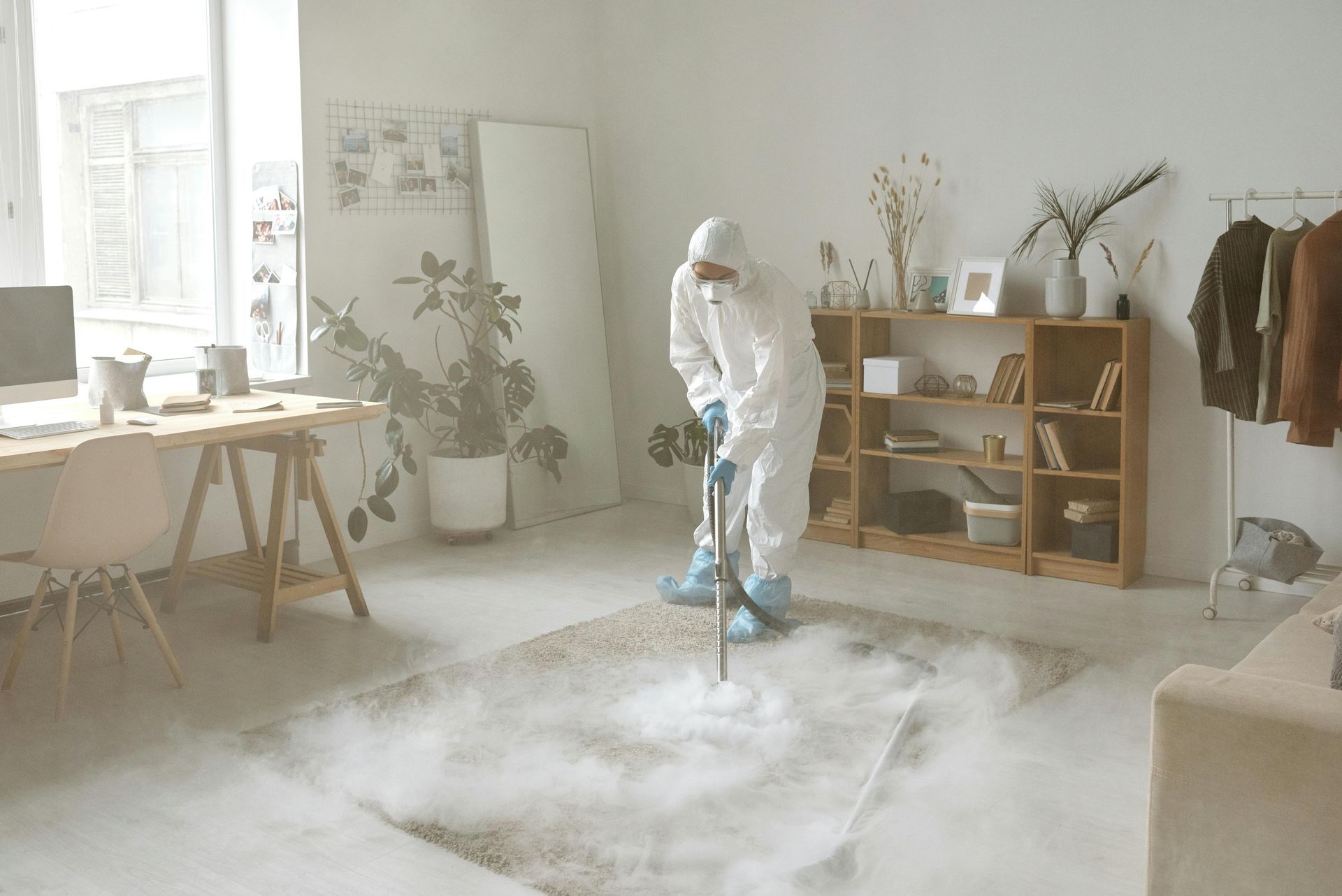 A man in a protective suit is cleaning a rug in a living room.