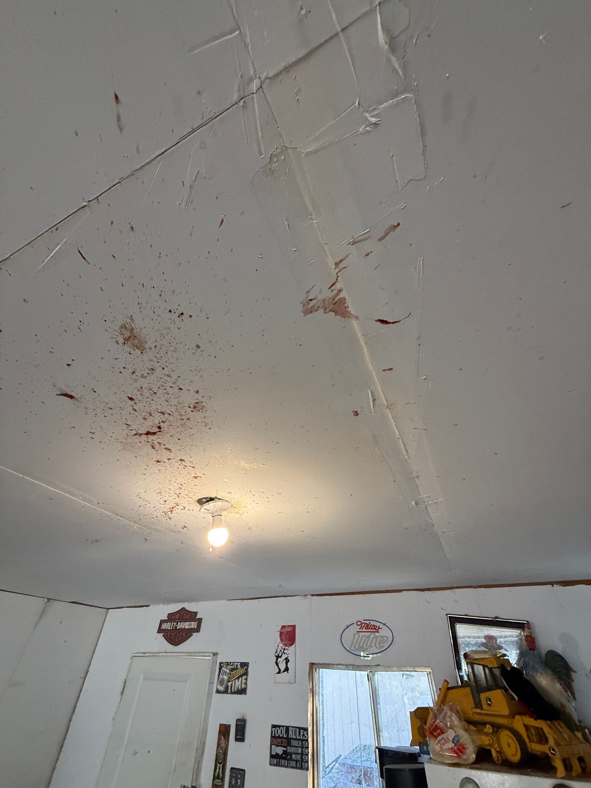 A ceiling with brown splatter marks