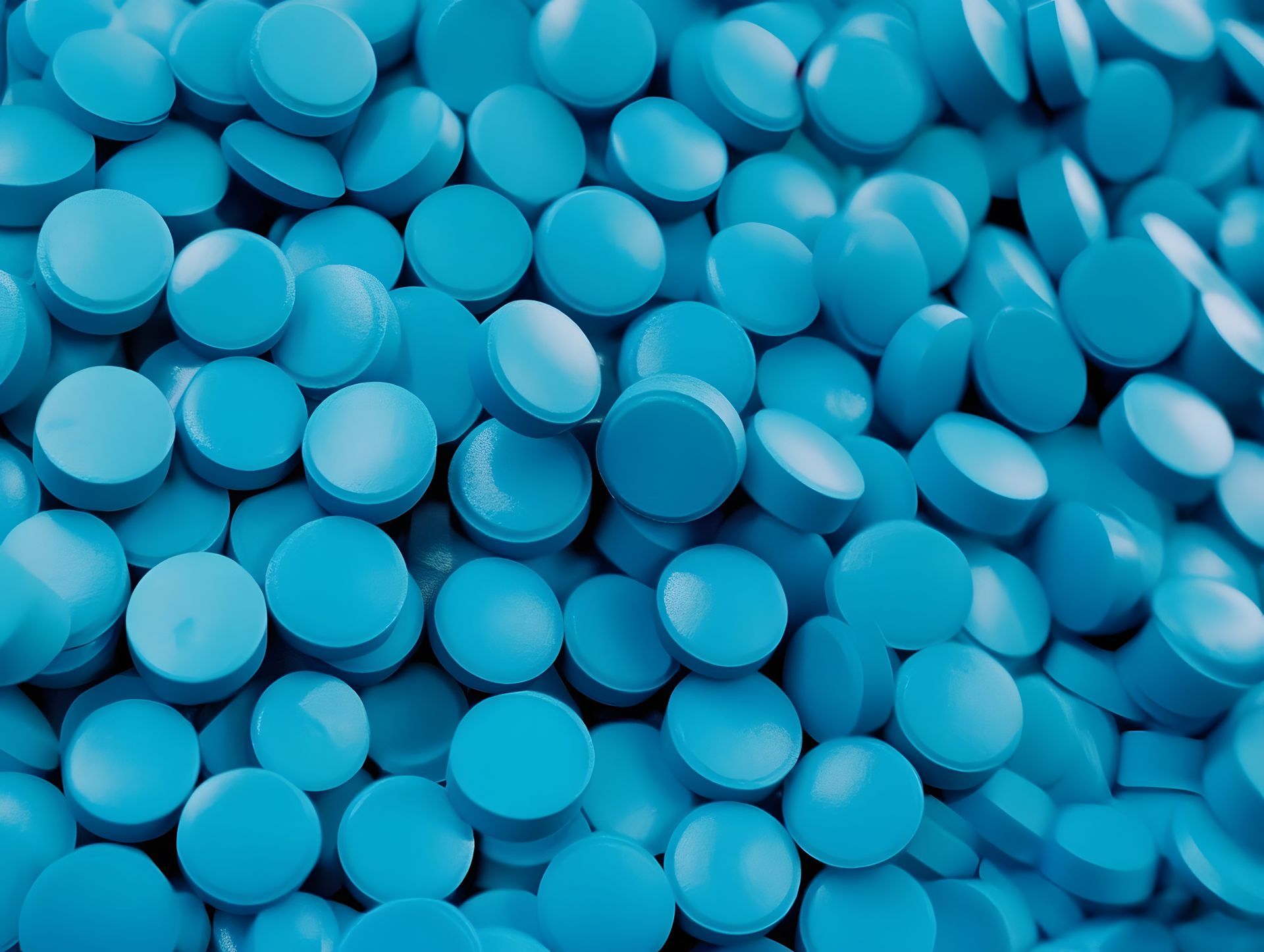 A pile of blue pills are sitting on a table.