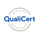 QualiCert logo in blue and beige with circular text “Wir sind zertifiziert”