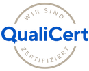 QualiCert logo in blue and beige with circular text “Wir sind zertifiziert”