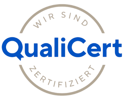 QualiCert logo in blue and beige with circular text “Wir sind zertifiziert”