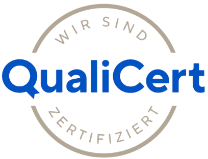 QualiCert logo with blue text inside a beige circular seal reading “Wir sind zertifiziert”