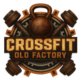 Logo for CrossFit Old Factory in Flurlingen: Kettlebell, dumbbells, gears, brown, orange, and text.