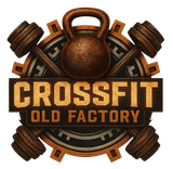 Logo for CrossFit Old Factory in Flurlingen: Kettlebell, dumbbells, gears, brown, orange, and text.