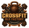 Logo for CrossFit Old Factory in Flurlingen: Kettlebell, dumbbells, gears, brown, orange, and text.