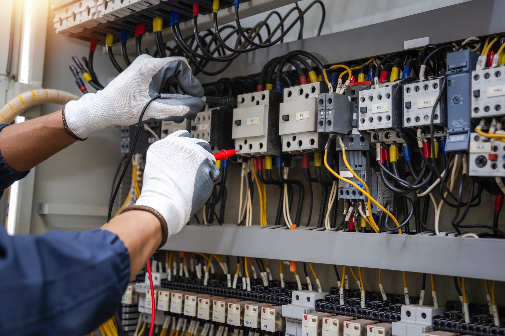 An electrician is working on an electrical panel with a screwdriver.