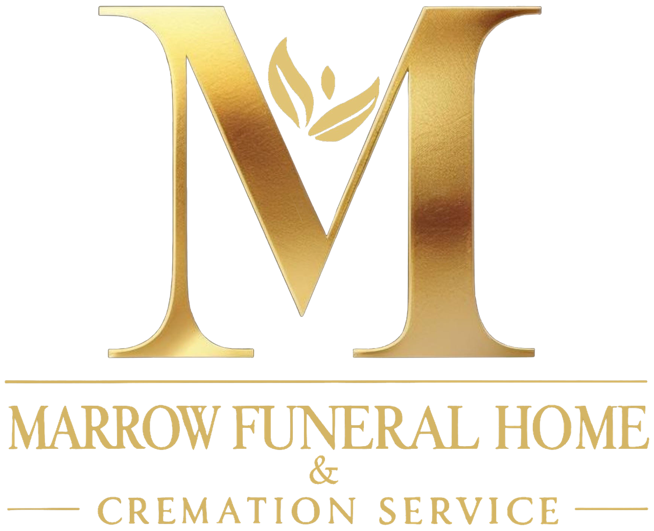 Gold "M" with leaves logo for Marrow Funeral Home & Cremation Service.