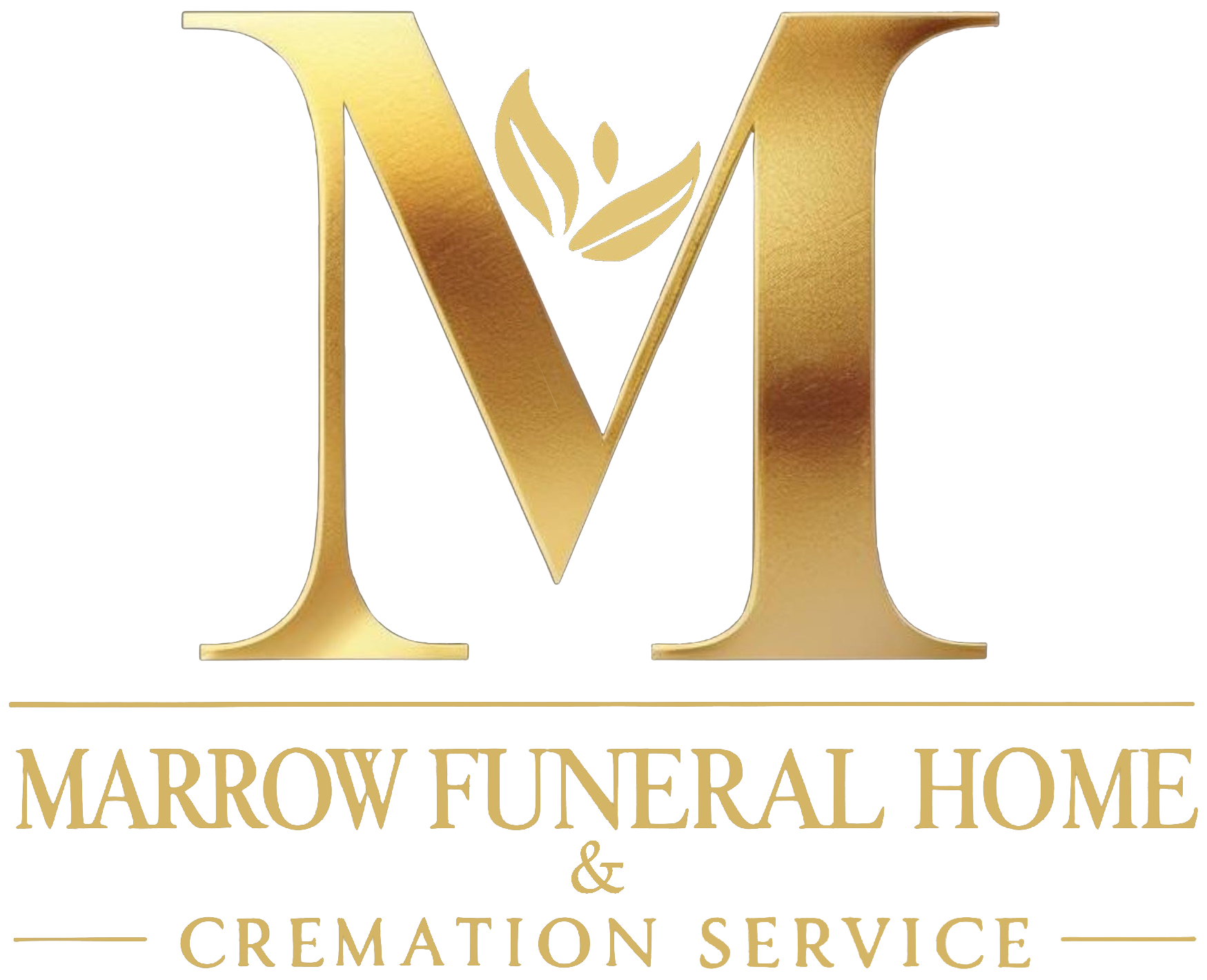 Gold "M" with leaves logo for Marrow Funeral Home & Cremation Service.