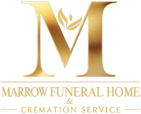 Gold "M" with leaves logo for Marrow Funeral Home & Cremation Service.