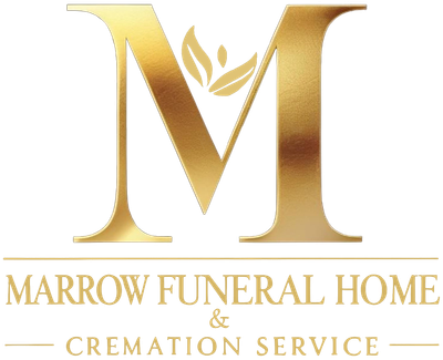 Gold "M" with leaves logo for Marrow Funeral Home & Cremation Service.