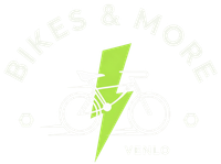 Logo voor Bikes & More in Venlo, met een fietssilhouet, een groene bliksemflits en tekst.