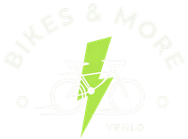 Logo voor Bikes & More in Venlo, met een fietssilhouet, een groene bliksemflits en tekst.