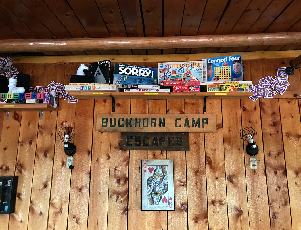 View of games display in Buckhorn Lodge game room.