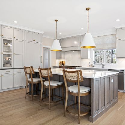 Bright modern kitchen with white cabinets, gray island, pendant lights, and wooden bar stools