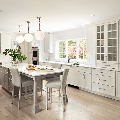 Bright white modern kitchen with island, bar stools, pendant lights, and large windows