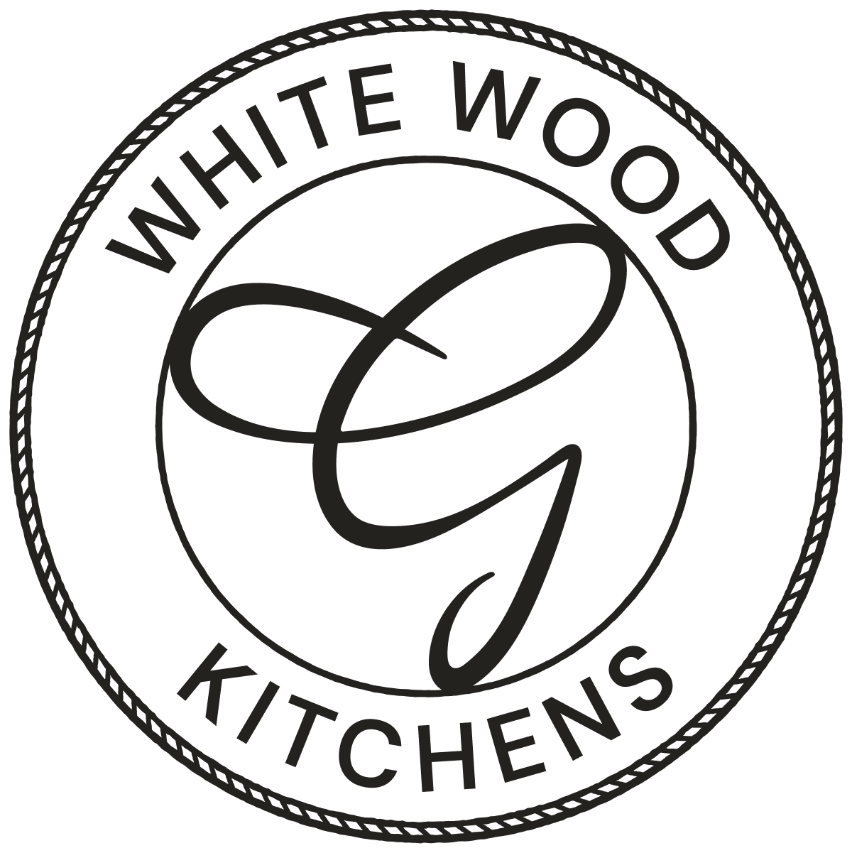 White Wood Kitchens circular logo with stylized black monogram on a white background