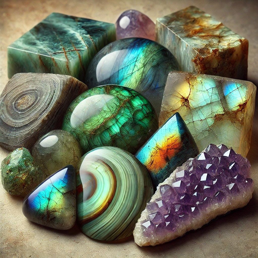 There are many different types of rocks and crystals on the table.