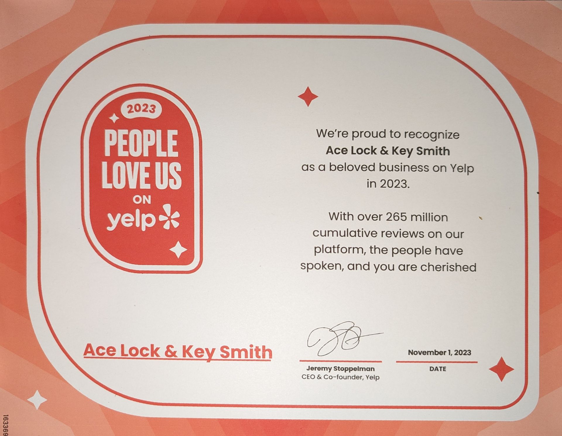 Yelp Award Certificate 
