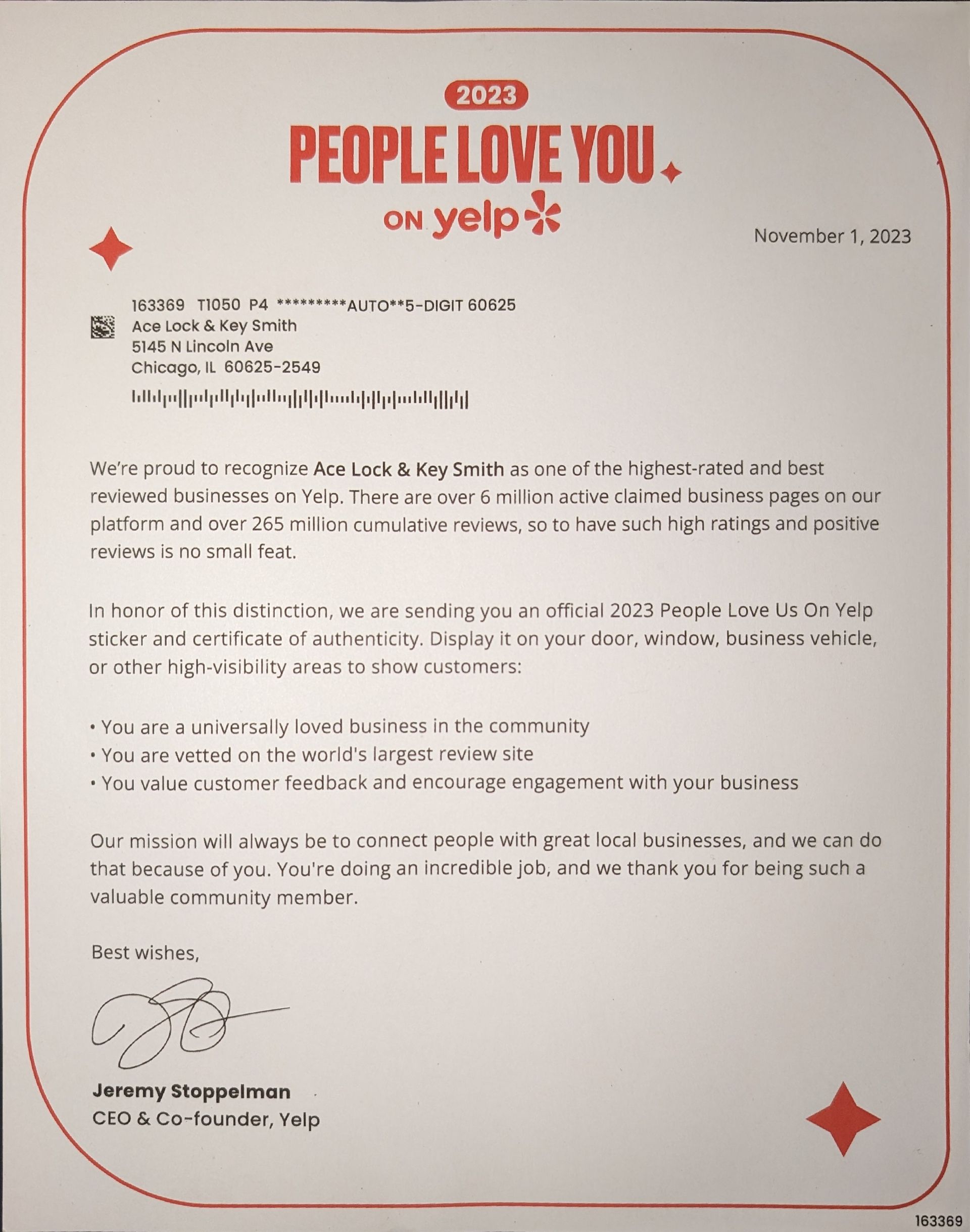 Yelp Award Letter