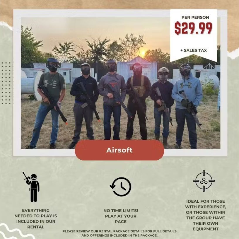 A group of men standing next to each other with a red button that says airsoft