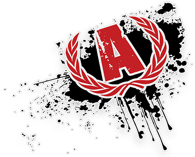A red letter a with a laurel wreath on a black and white background.