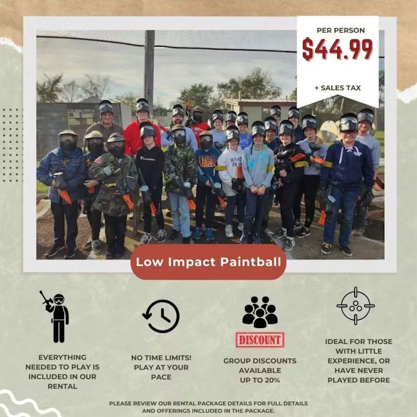 An advertisement for low impact paintball with a price of $ 44.99