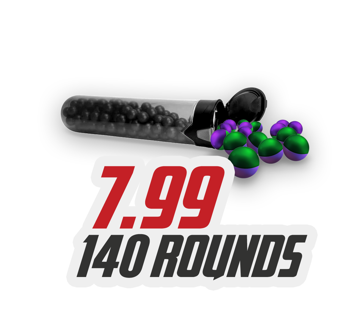 A bottle of airsoft bullets with a sticker that says `` 7.99 140 rounds ''.