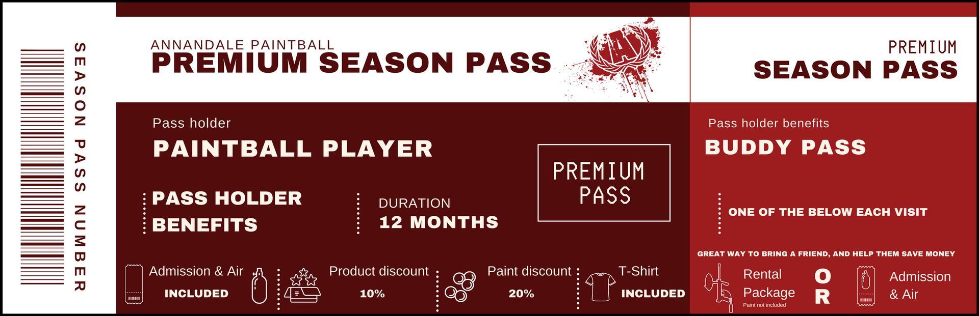 A red and white premium season pass for a paintball player