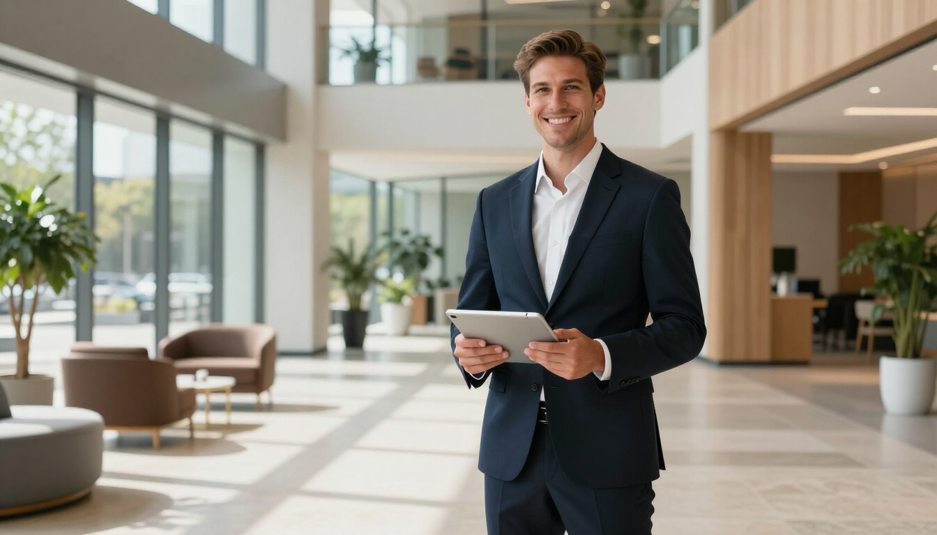 Man in a navy suit holding a tablet in a bright modern lobby with seating and large windows