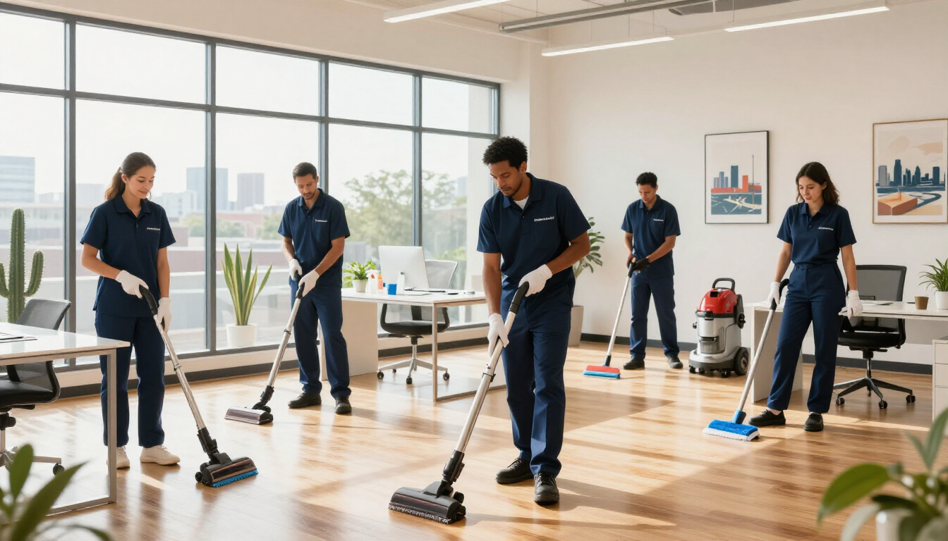 Cleaning crew vacuuming a bright office with wooden floors and desks