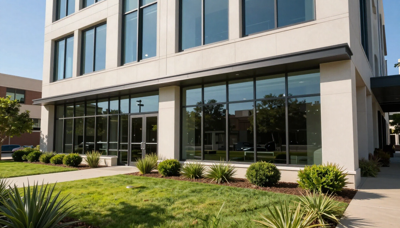 Modern office building exterior with large glass windows, beige facade, and landscaped lawn