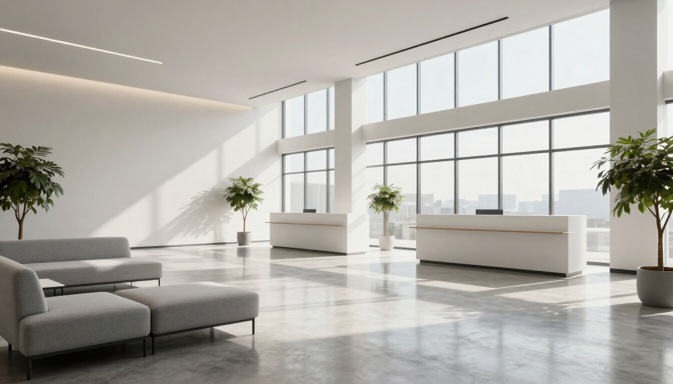 Bright minimalist living room with large windows, white walls, gray sofa, and potted plants