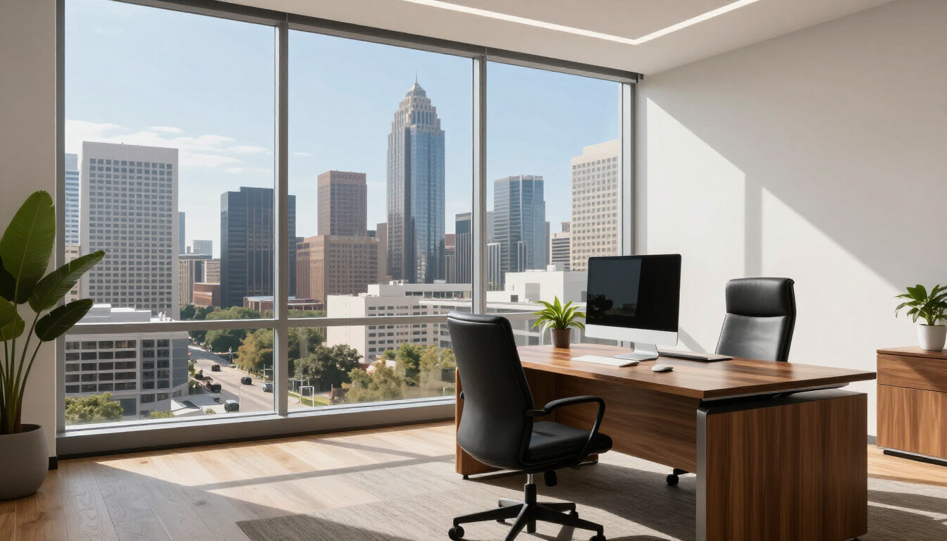 Modern office with wooden desk and chair, overlooking a city skyline through large windows.