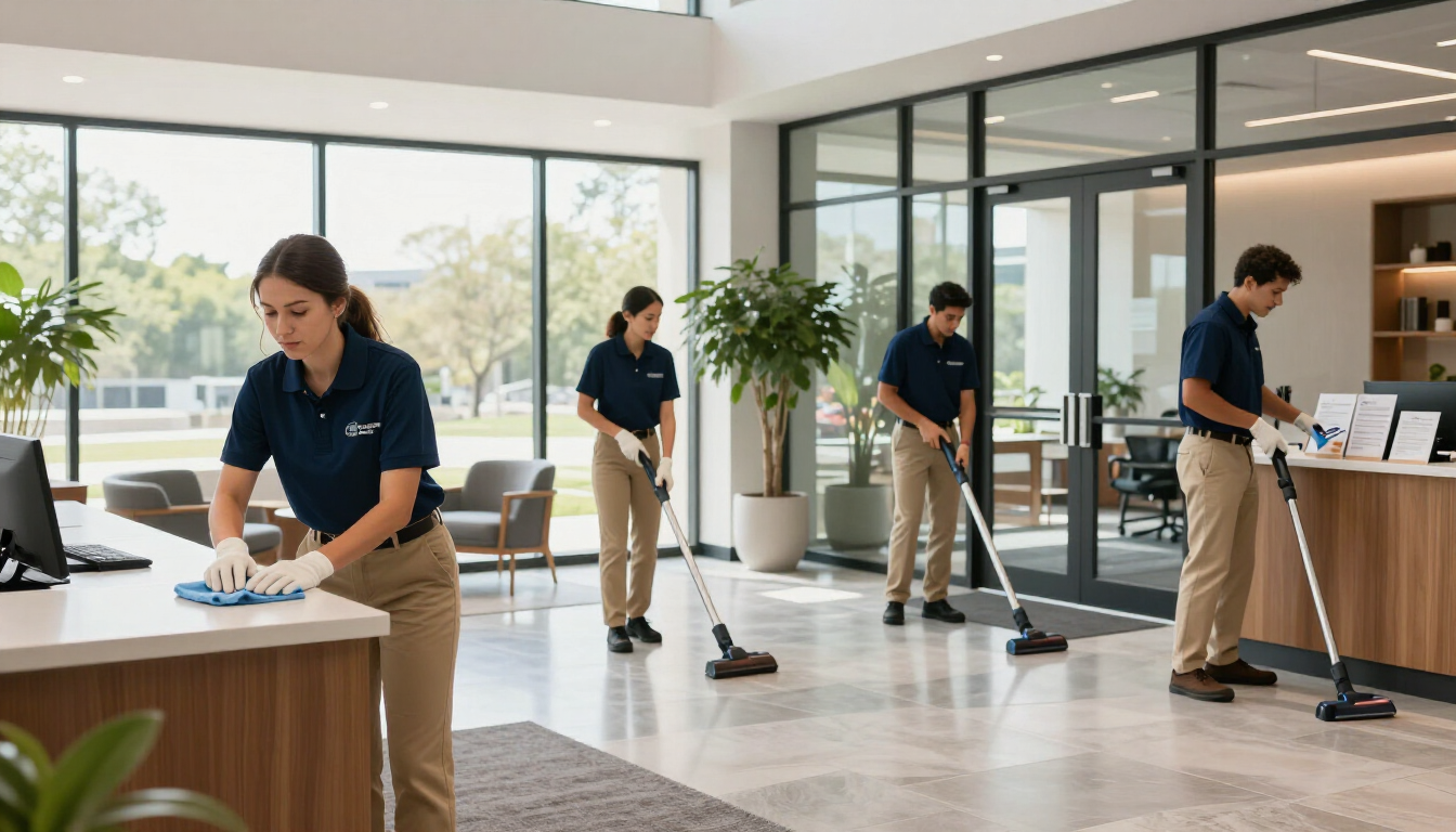 Office cleaning staff mopping and wiping desks in a bright modern lobby with large windows and plants