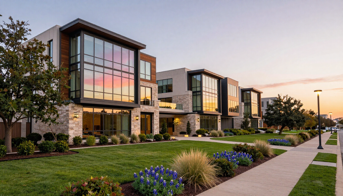 Modern apartment building with glass balconies, landscaped lawn, and a sidewalk at sunset