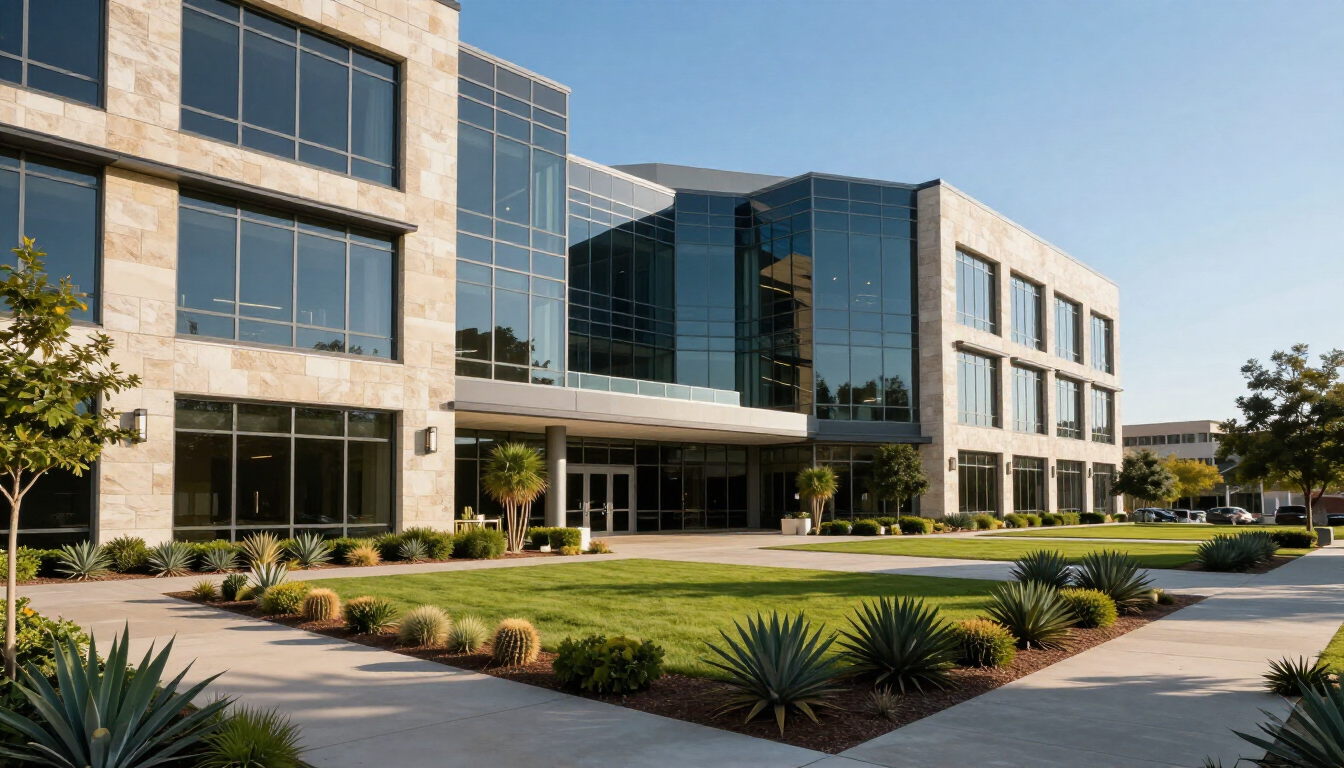 Modern glass office building with landscaped lawn and walkway in bright daylight