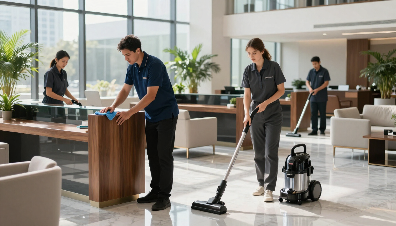 People cleaning a modern office lobby with a vacuum, mop, and cart near large windows.