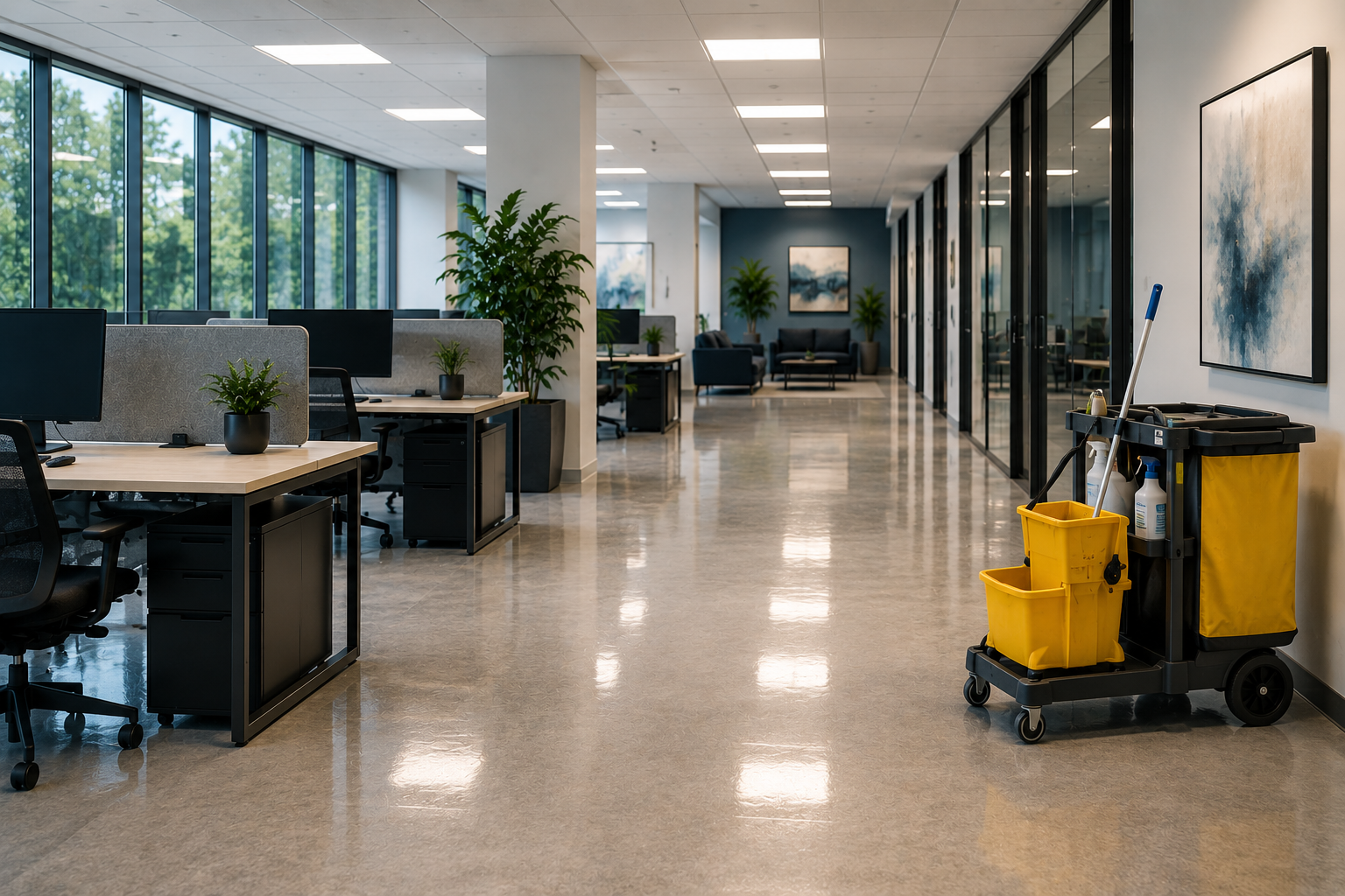 Empty office hallway with glossy tiled floor, beige walls, and bulletin boards under fluorescent lights