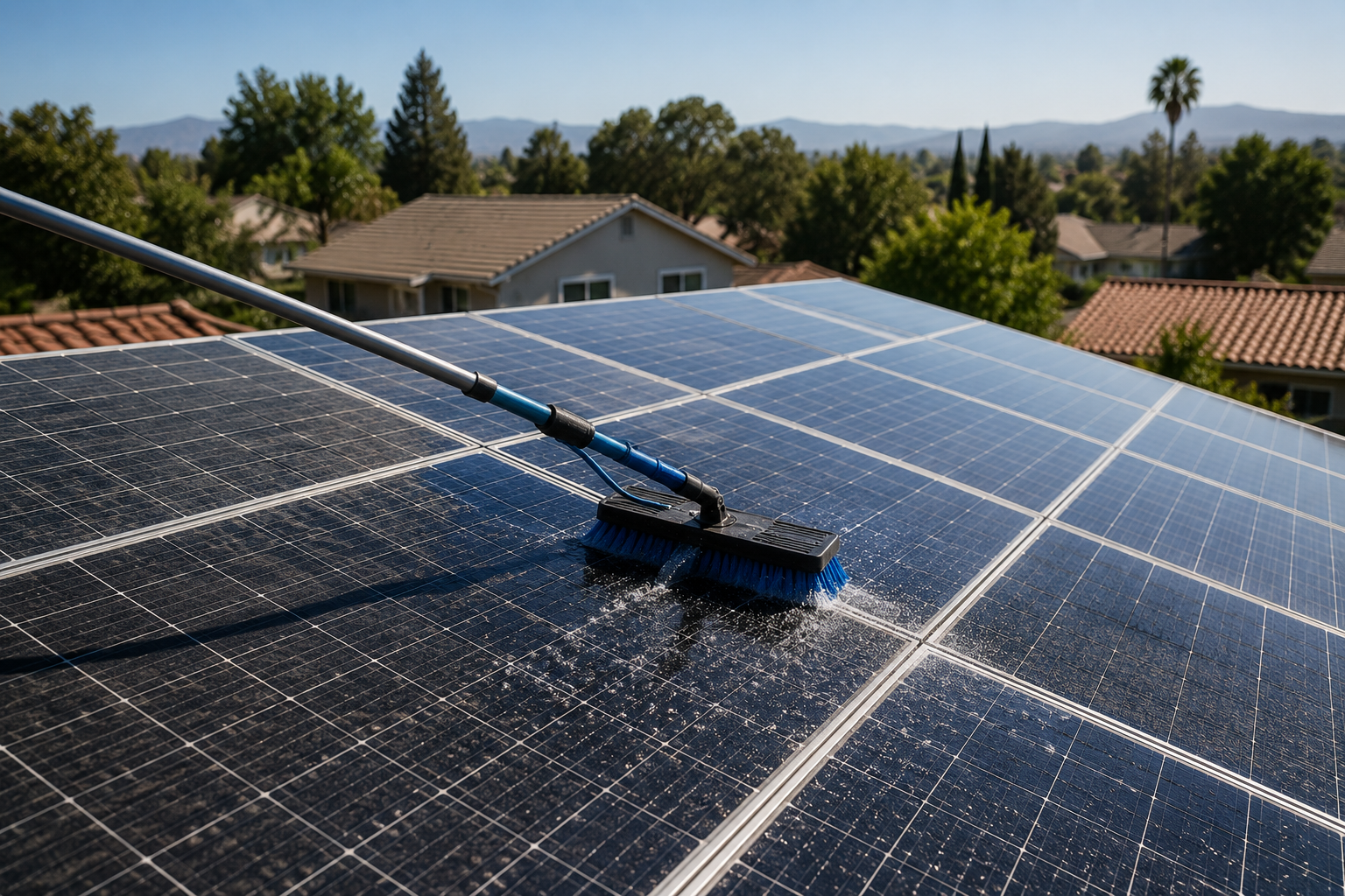 Worker cleaning rooftop solar panels with a long brush under a clear blue sky.