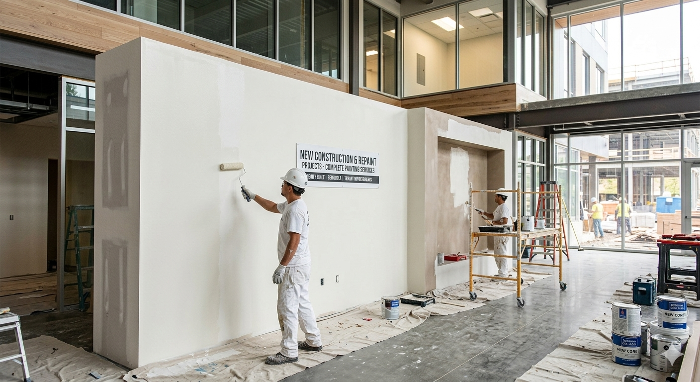 Worker painting a large white wall in an unfinished indoor construction site with scaffolding nearby