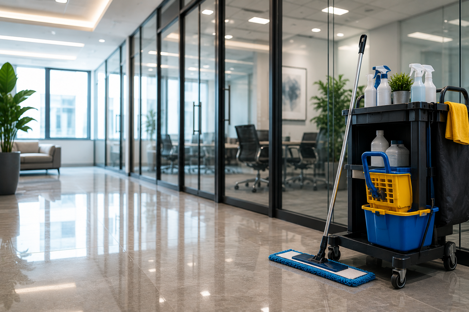Janitorial cart and mop in a modern office hallway with glass-walled conference rooms