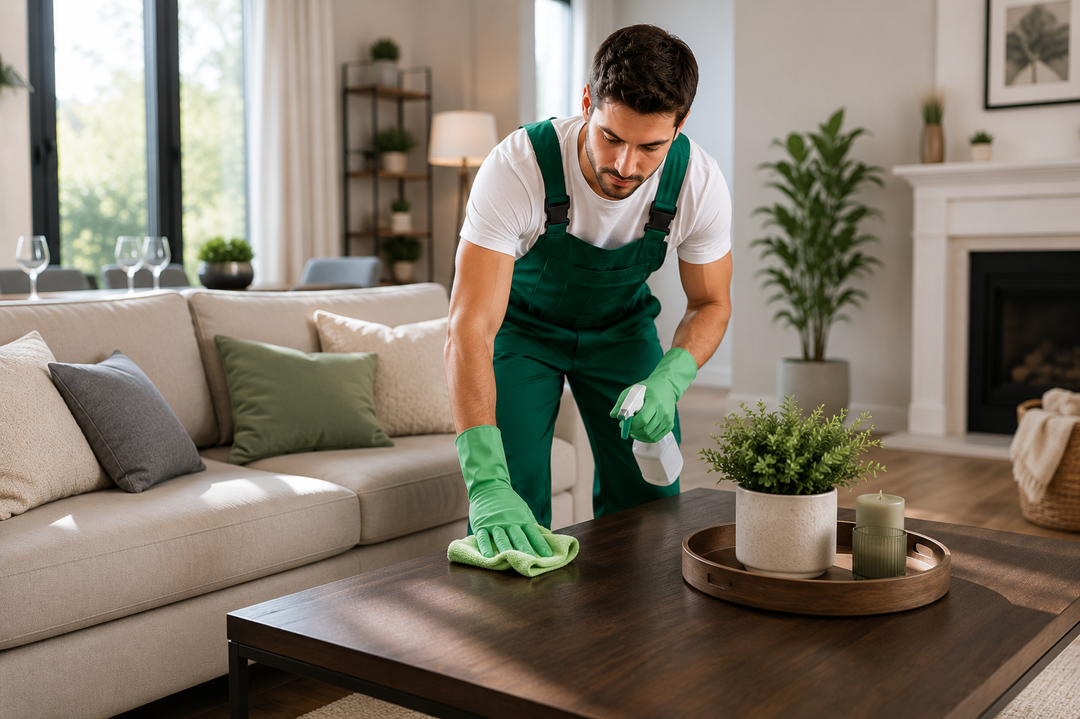 Person cleaning a living room coffee table with a green cloth beside a beige sofa and plants