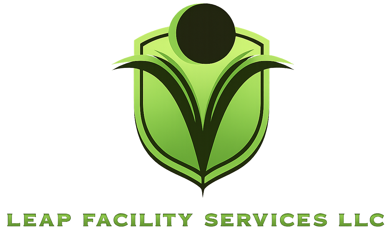 Leap Facility Services LLC logo with green shield and stylized leaf figure