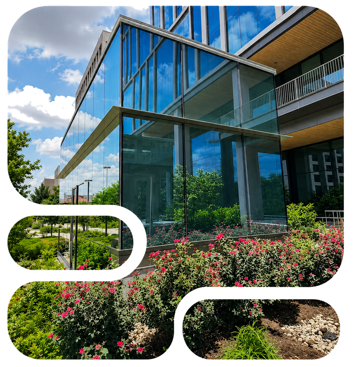 Modern glass building with blue panels, landscaped flowers, and greenery under a sunny sky